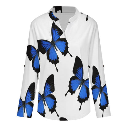 Stand-up Collar Long-sleeved Shirt The Butterfly Repeat  Customization Women’s V-Neck Blouses,long Sleeve,Roll-Up Sleeve Shirt