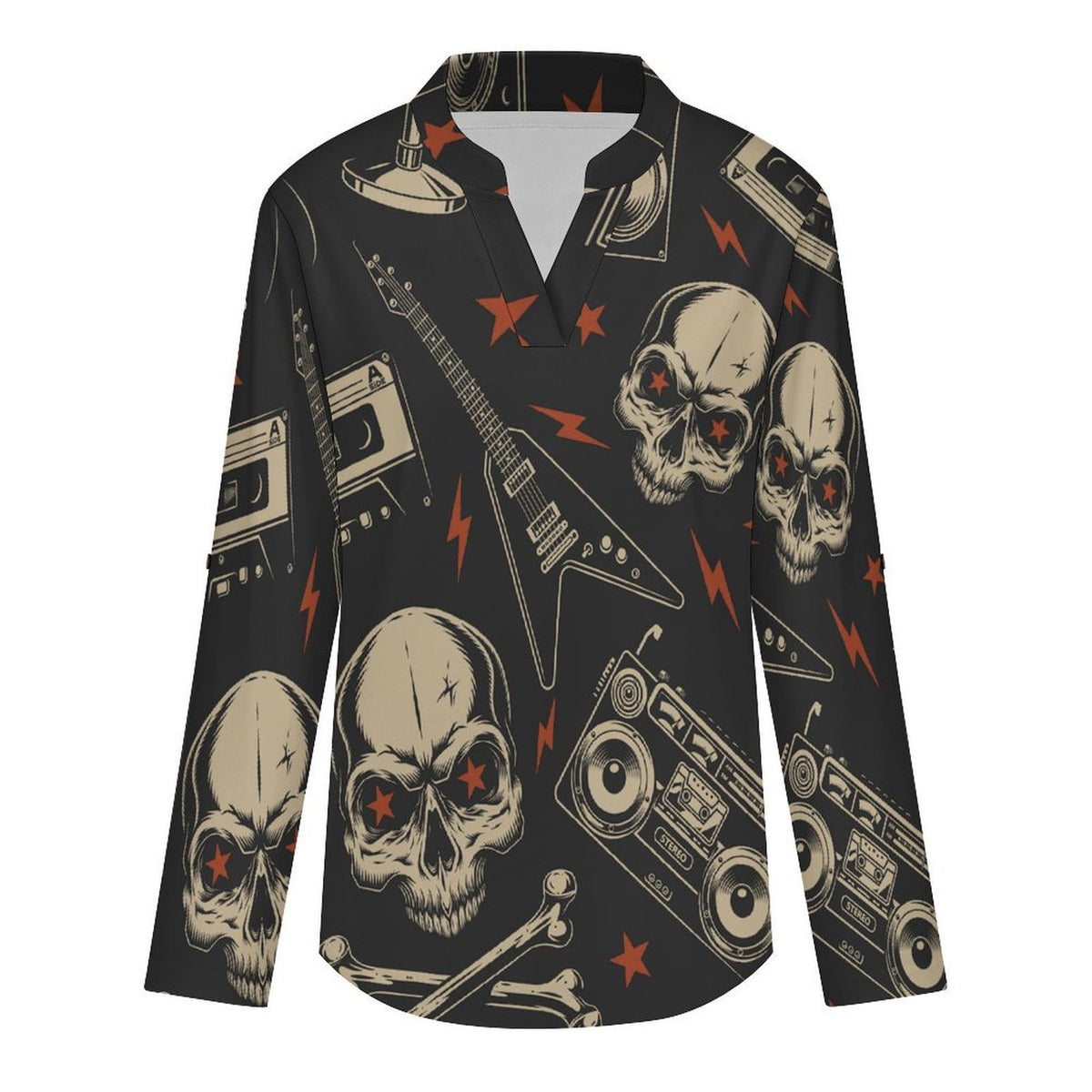 Stand-up Collar Long-sleeved Shirt Retro Skull Pattern, Music  Customization Women’s V-Neck Blouses,long Sleeve,Roll-Up Sleeve Shirt