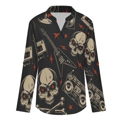Stand-up Collar Long-sleeved Shirt Retro Skull Pattern, Music  Customization Women’s V-Neck Blouses,long Sleeve,Roll-Up Sleeve Shirt