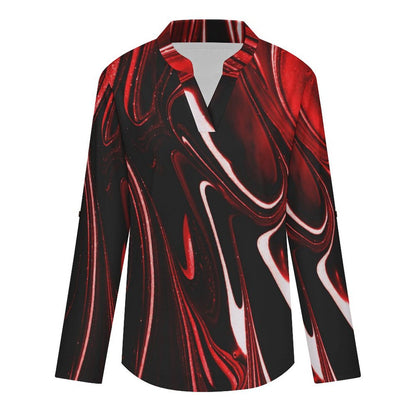 Versatile Notched V-Neck Tunic | Roll Tab 3/4 Sleeve Office Casual Top  Red Black Liquid Pattern