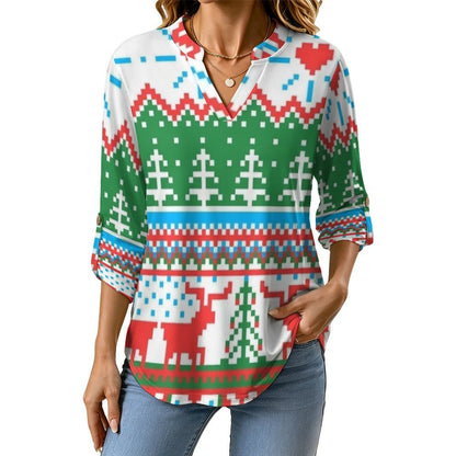 Stand-up Collar Long-sleeved Shirt Christmas Pattern  Customization Women’s V-Neck Blouses,long Sleeve,Roll-Up Sleeve Shirt