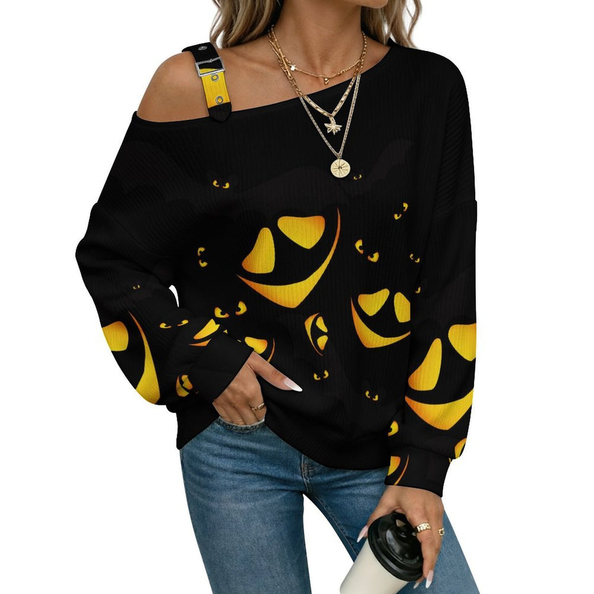 Off-the-shoulder Sweater Halloween, Eyes in The Dark  Asymmetric Cold Shoulder Knit Sweater for Women, Adjustable Buckle Strap Long Sleeve Casual Slouchy Pullover
