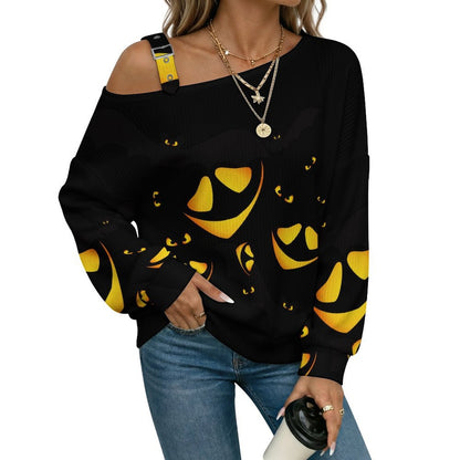 Off-the-shoulder Sweater Halloween, Eyes in The Dark  Asymmetric Cold Shoulder Knit Sweater for Women, Adjustable Buckle Strap Long Sleeve Casual Slouchy Pullover