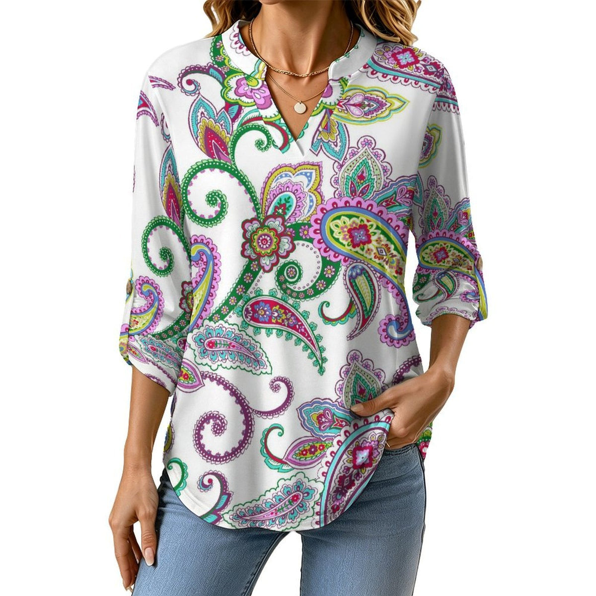Paisley  Versatile Notched V-Neck Tunic | Roll Tab 3/4 Sleeve Office Casual Top
