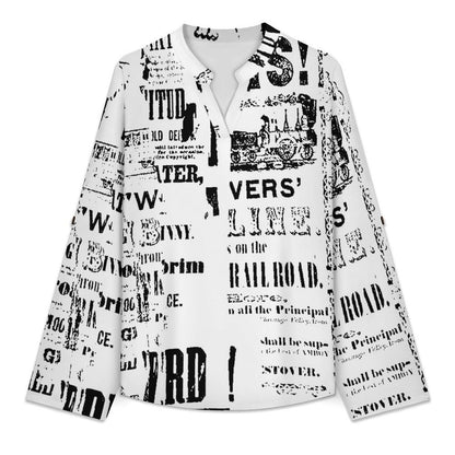 Stand-up Collar Long-sleeved Shirt Newspaper Vintage Dress  Customization Women’s V-Neck Blouses,long Sleeve,Roll-Up Sleeve Shirt