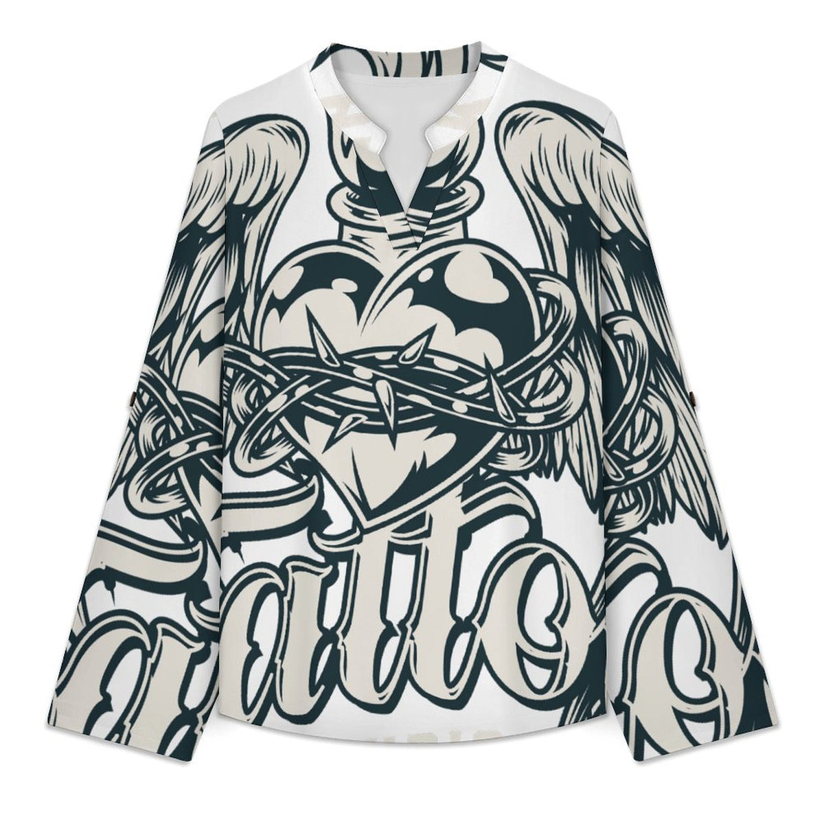 Heart, Angel, Wings Women's Notched V Neck Tunic Tops, Roll Up 3/4 Sleeve Button Cuff Casual Blouse, Hem Loose Work Shirts