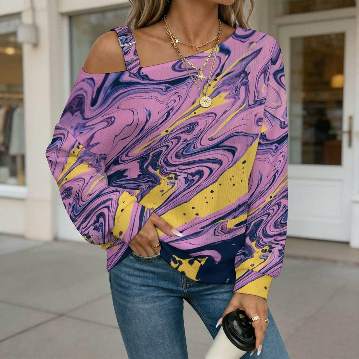 Off-the-shoulder Sweater Pattern  Asymmetric Cold Shoulder Knit Sweater for Women, Adjustable Buckle Strap Long Sleeve Casual Slouchy Pullover