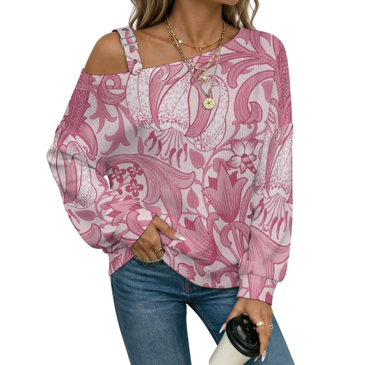 Women’s Off-Shoulder Knit Sweater Pink Pattern