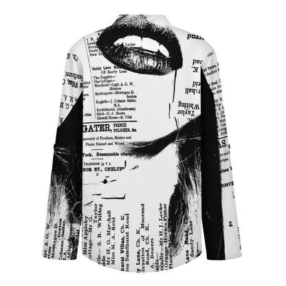 Stand-up Collar Long-sleeved Shirt Newspaper Girl Vintage  Customization Women’s V-Neck Blouses,long Sleeve,Roll-Up Sleeve Shirt