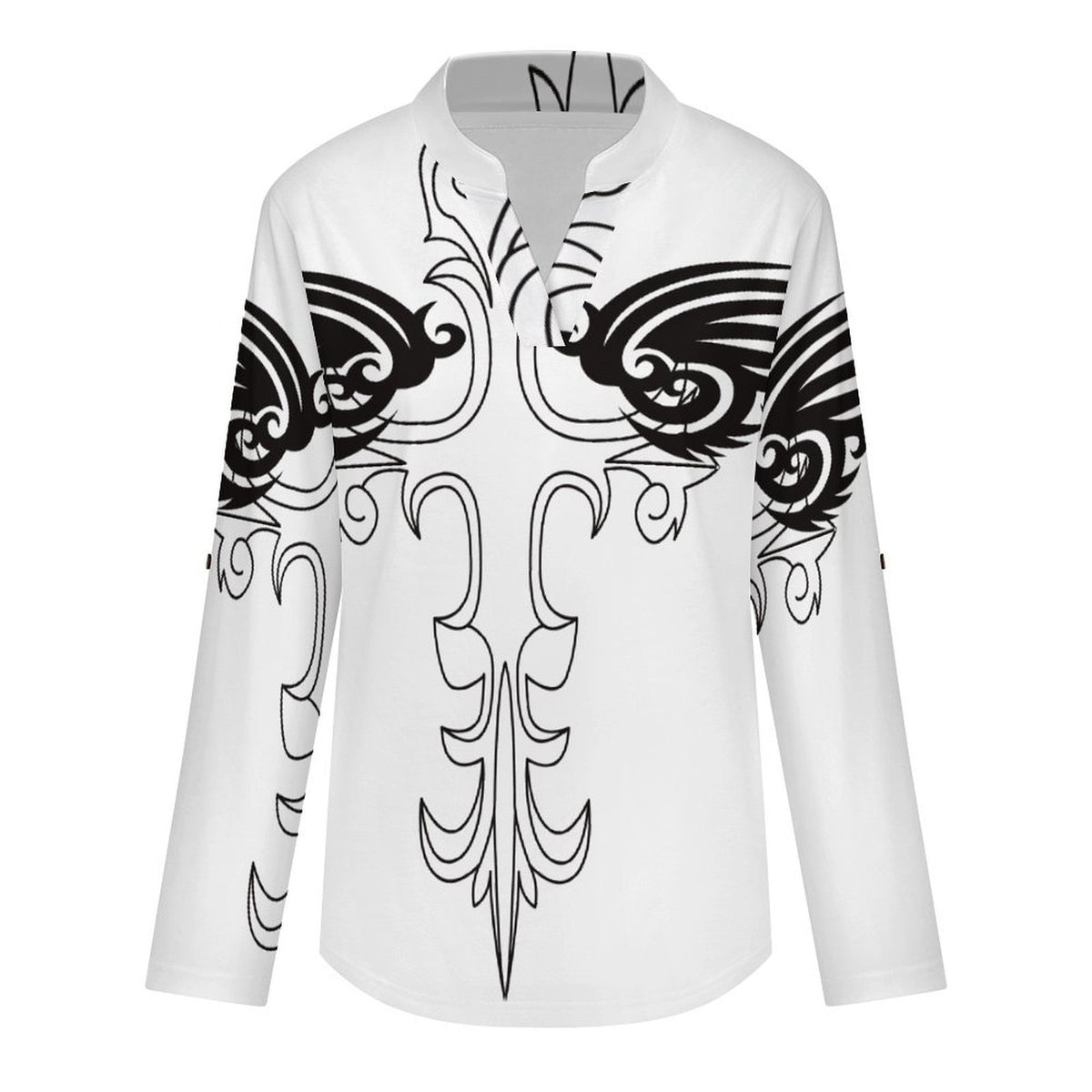 Stand-up Collar Long-sleeved Shirt Cross, Wings  Customization Women’s V-Neck Blouses,long Sleeve,Roll-Up Sleeve Shirt