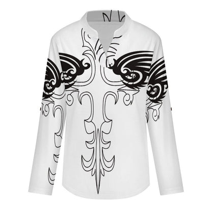 Stand-up Collar Long-sleeved Shirt Cross, Wings  Customization Women’s V-Neck Blouses,long Sleeve,Roll-Up Sleeve Shirt