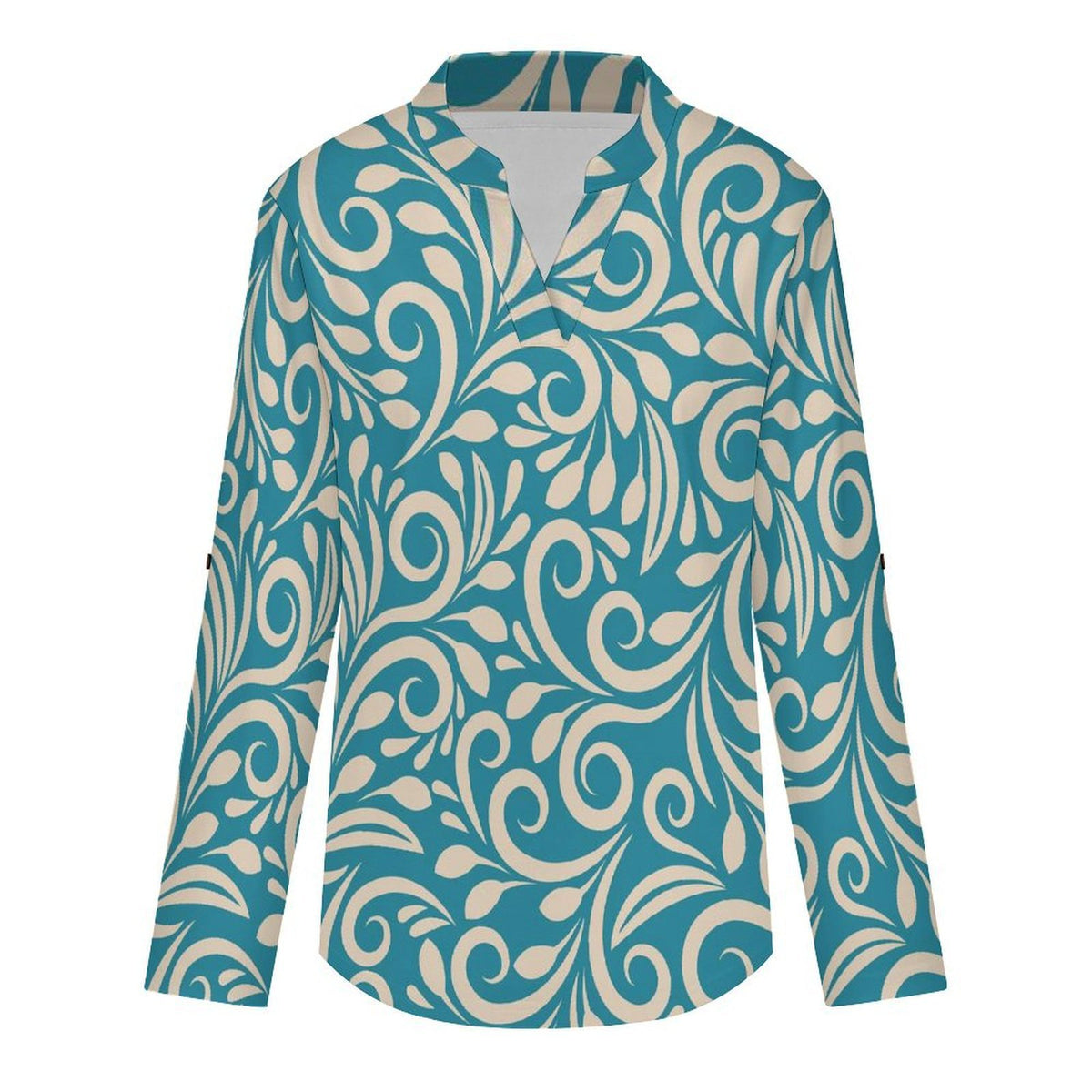 Stand-up Collar Long-sleeved Shirt Blue Totem, Background  Customization Women’s V-Neck Blouses,long Sleeve,Roll-Up Sleeve Shirt
