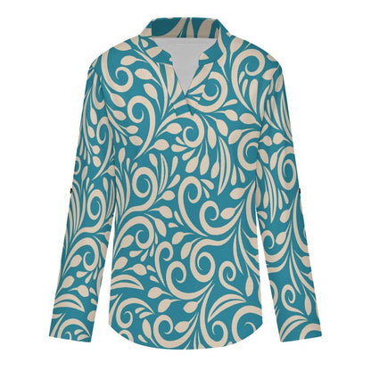 Stand-up Collar Long-sleeved Shirt Blue Totem, Background  Customization Women’s V-Neck Blouses,long Sleeve,Roll-Up Sleeve Shirt