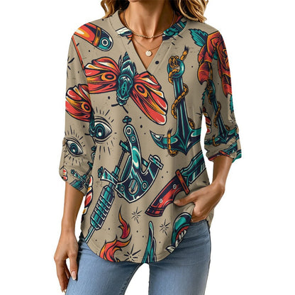 Stand-up Collar Long-sleeved Shirt Retro Patterns, Eyes, Evil  Customization Women’s V-Neck Blouses,long Sleeve,Roll-Up Sleeve Shirt