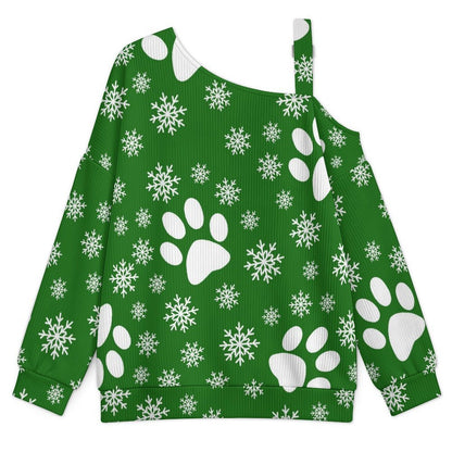 Off-the-shoulder Sweater Christmas Snowflakes Cats And Dogs Paws Snowflakes Green  Asymmetric Cold Shoulder Knit Sweater for Women, Adjustable Buckle Strap Long Sleeve Casual Slouchy Pullover