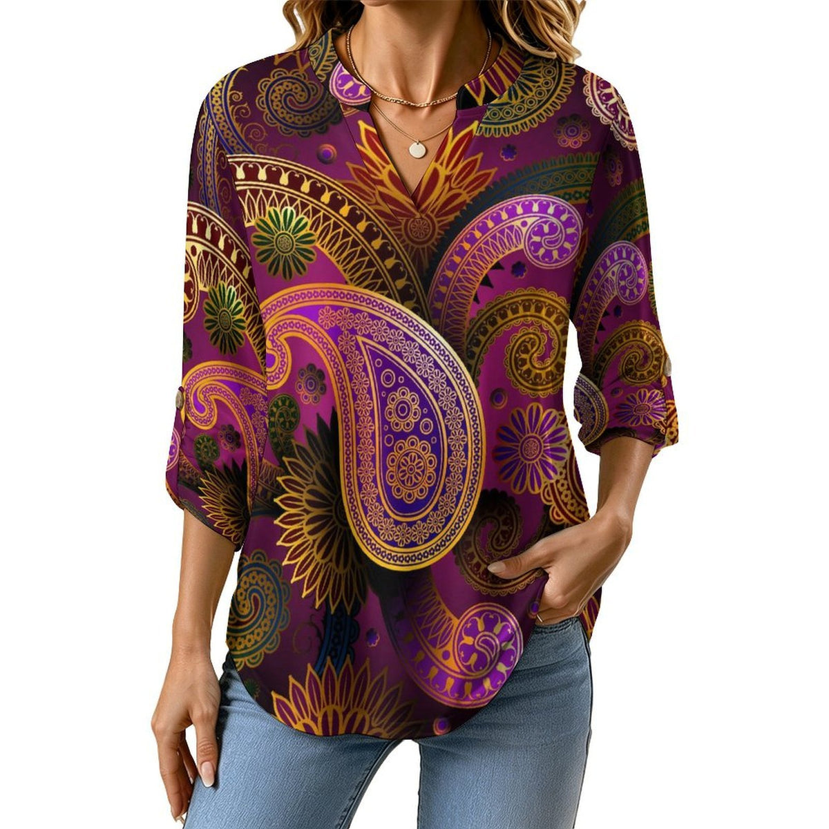 Stand-up Collar Long-sleeved Shirt Paisley  Customization Women’s V-Neck Blouses,long Sleeve,Roll-Up Sleeve Shirt