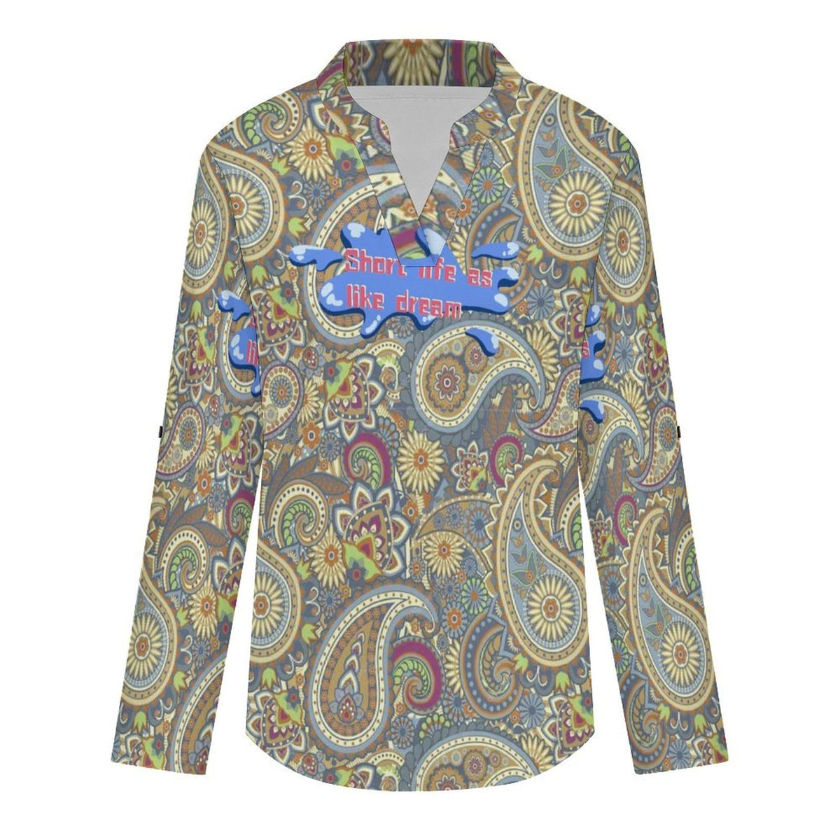 Stand-up Collar Long-sleeved Shirt Repeat Pattern - English Phrase  Customization Women’s V-Neck Blouses,long Sleeve,Roll-Up Sleeve Shirt