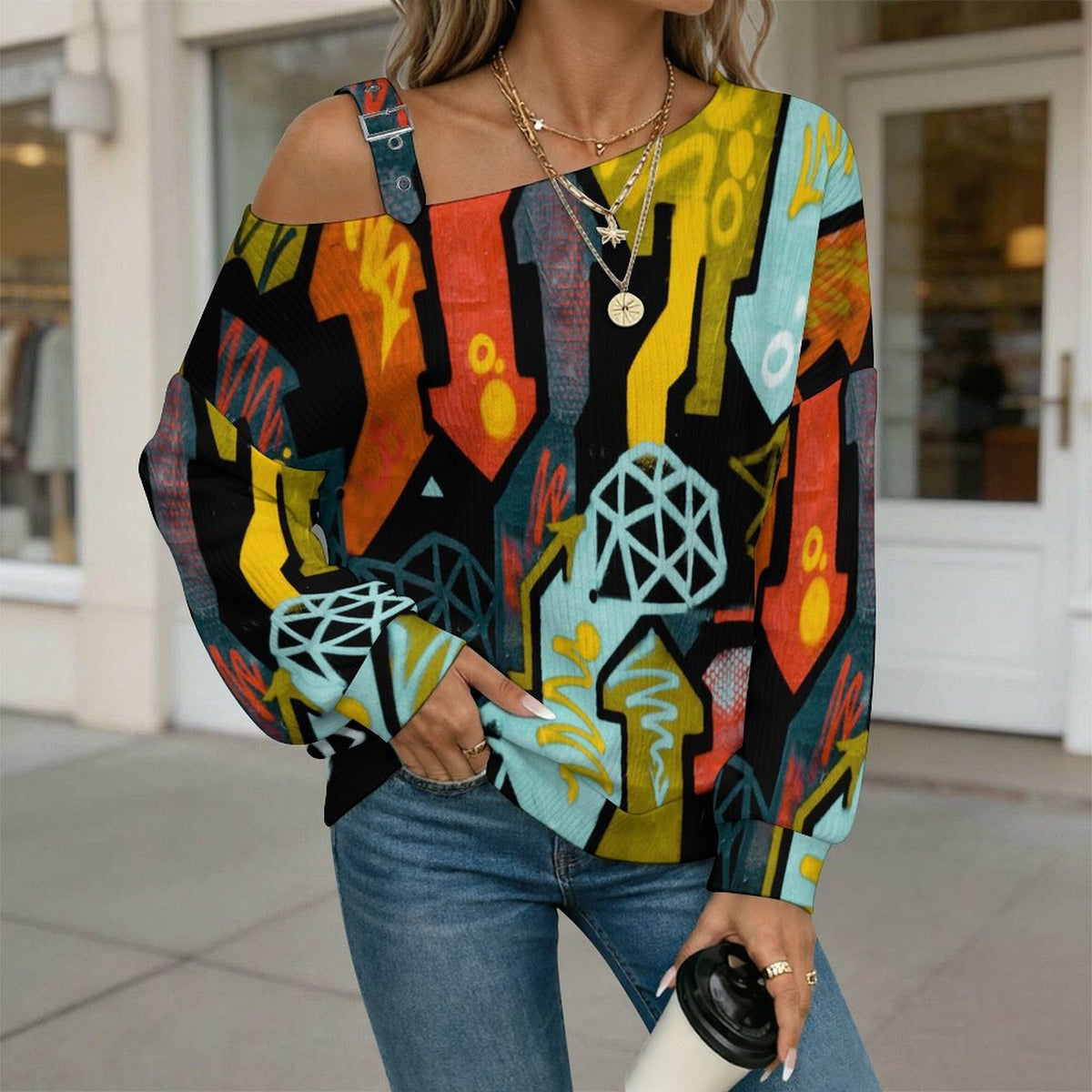 Off-the-shoulder Sweater Wall Graffiti  Asymmetric Cold Shoulder Knit Sweater for Women, Adjustable Buckle Strap Long Sleeve Casual Slouchy Pullover