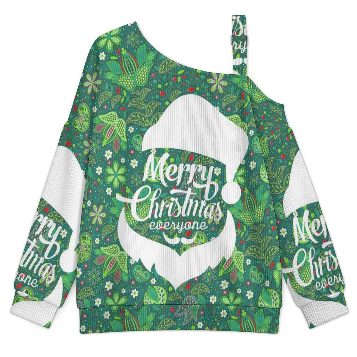 Off-the-shoulder Sweater Merry Christmas Santa Paisley Pattern Green  Asymmetric Cold Shoulder Knit Sweater for Women, Adjustable Buckle Strap Long Sleeve Casual Slouchy Pullover