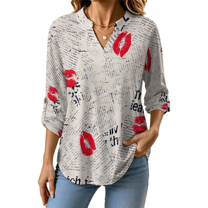 Stand-up Collar Long-sleeved Shirt Newspaper Red Lip Print Blue Letters  Customization Women’s V-Neck Blouses,long Sleeve,Roll-Up Sleeve Shirt