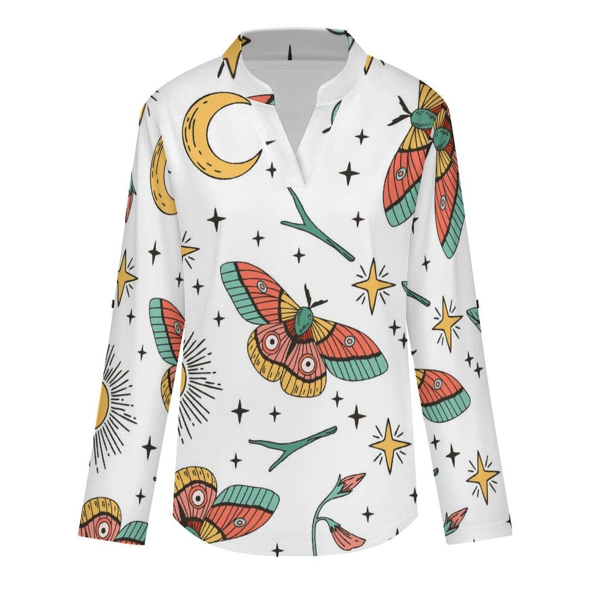 Color, Butterfly, Pattern Roll Tab 3/4 Sleeve Notched V Neck Tunic Blouse