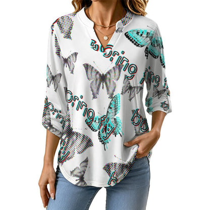 Stand-up Collar Long-sleeved Shirt Fantasy World of Butterflies  Customization Women’s V-Neck Blouses,long Sleeve,Roll-Up Sleeve Shirt