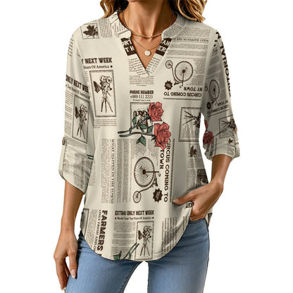 Stand-up Collar Long-sleeved Shirt Yellow Newspaper  Red Rose  Customization Women’s V-Neck Blouses,long Sleeve,Roll-Up Sleeve Shirt
