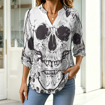 Stand-up Collar Long-sleeved Shirt Skull And Flowers  Customization Women’s V-Neck Blouses,long Sleeve,Roll-Up Sleeve Shirt
