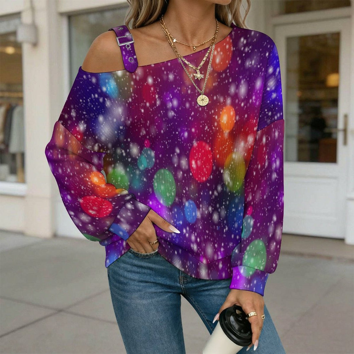 Off-the-shoulder Sweater Colorful Circle  Asymmetric Cold Shoulder Knit Sweater for Women, Adjustable Buckle Strap Long Sleeve Casual Slouchy Pullover