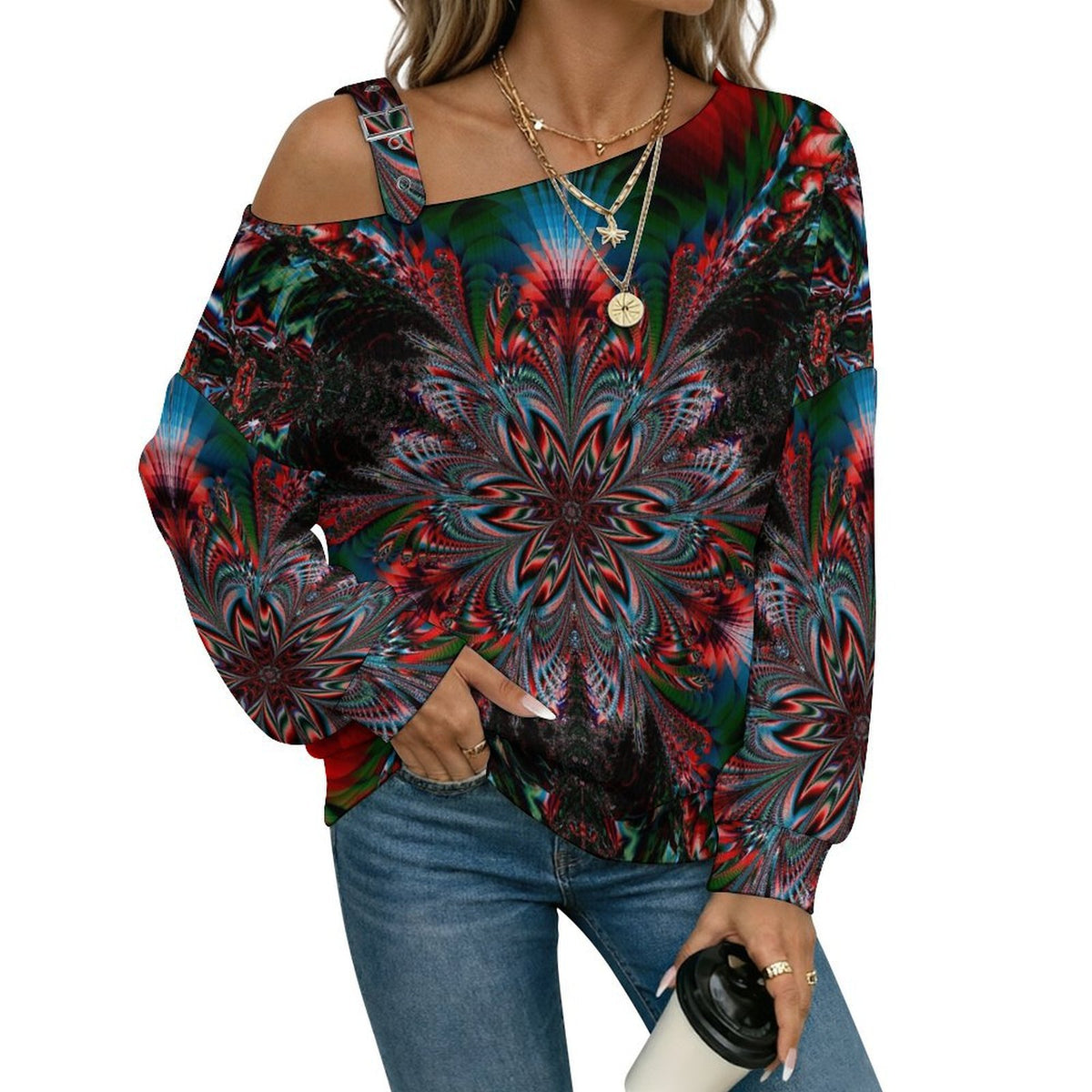 Off-the-shoulder Sweater Mirror Design Pattern  Asymmetric Cold Shoulder Knit Sweater for Women, Adjustable Buckle Strap Long Sleeve Casual Slouchy Pullover