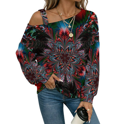 Off-the-shoulder Sweater Mirror Design Pattern  Asymmetric Cold Shoulder Knit Sweater for Women, Adjustable Buckle Strap Long Sleeve Casual Slouchy Pullover