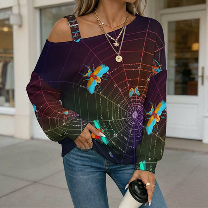 Off-the-shoulder Sweater Glowing Insects, Spider Webs  Asymmetric Cold Shoulder Knit Sweater for Women, Adjustable Buckle Strap Long Sleeve Casual Slouchy Pullover