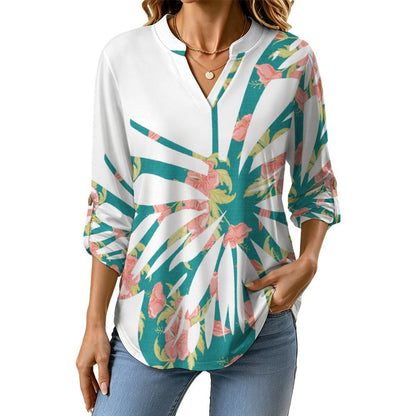 Stand-up Collar Long-sleeved Shirt Blue, Butterfly, Paper Cutting  Customization Women’s V-Neck Blouses,long Sleeve,Roll-Up Sleeve Shirt