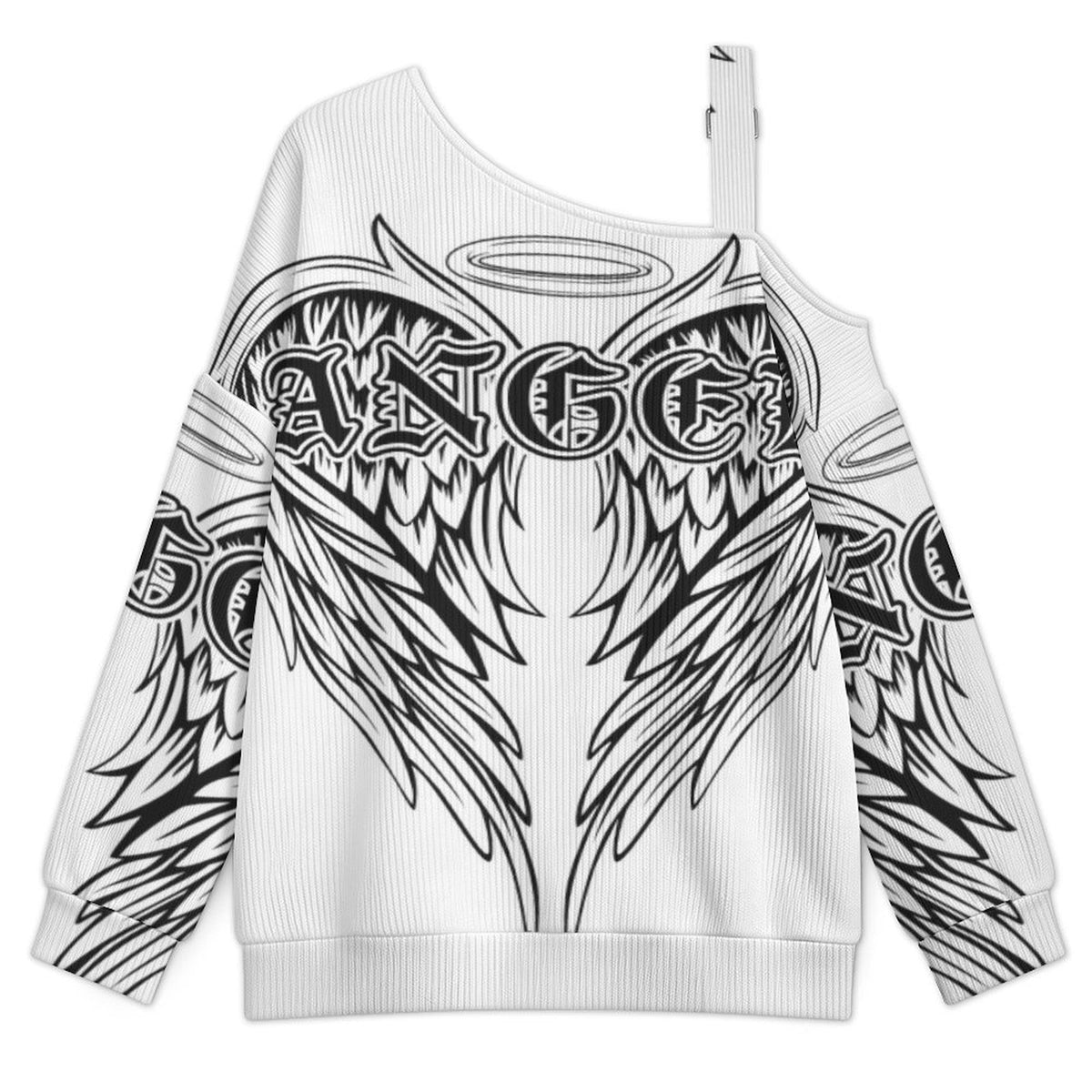 Off-the-shoulder Sweater Angle Wing  Asymmetric Cold Shoulder Knit Sweater for Women, Adjustable Buckle Strap Long Sleeve Casual Slouchy Pullover