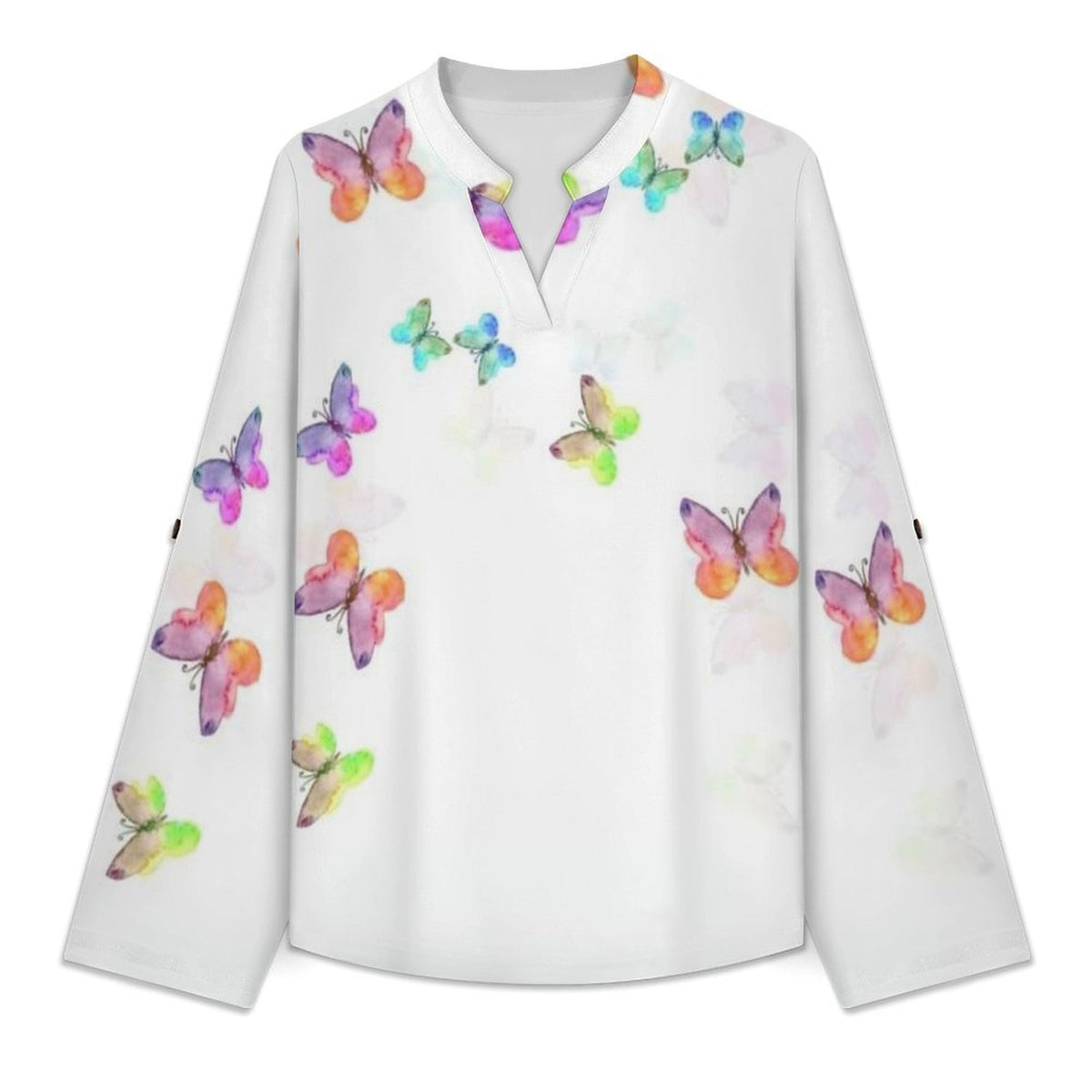 Watercolor Painting, Colored Butterfly Roll Tab 3/4 Sleeve Notched V Neck Tunic Blouse