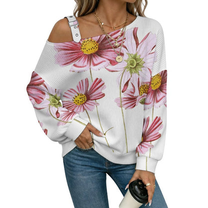 Off-the-shoulder Sweater Fleurs Des Cosmos Dessin  Asymmetric Cold Shoulder Knit Sweater for Women, Adjustable Buckle Strap Long Sleeve Casual Slouchy Pullover