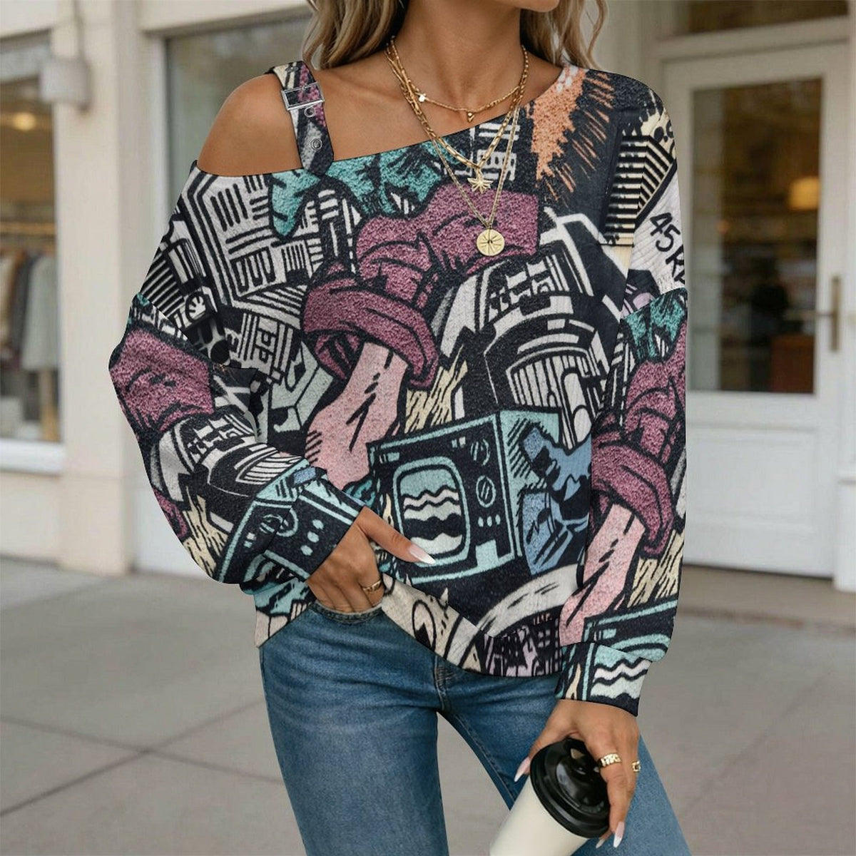 Off-the-shoulder Sweater Trendy Graffiti  Asymmetric Cold Shoulder Knit Sweater for Women, Adjustable Buckle Strap Long Sleeve Casual Slouchy Pullover