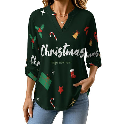 Stand-up Collar Long-sleeved Shirt Christmas Slogn  Customization Women’s V-Neck Blouses,long Sleeve,Roll-Up Sleeve Shirt