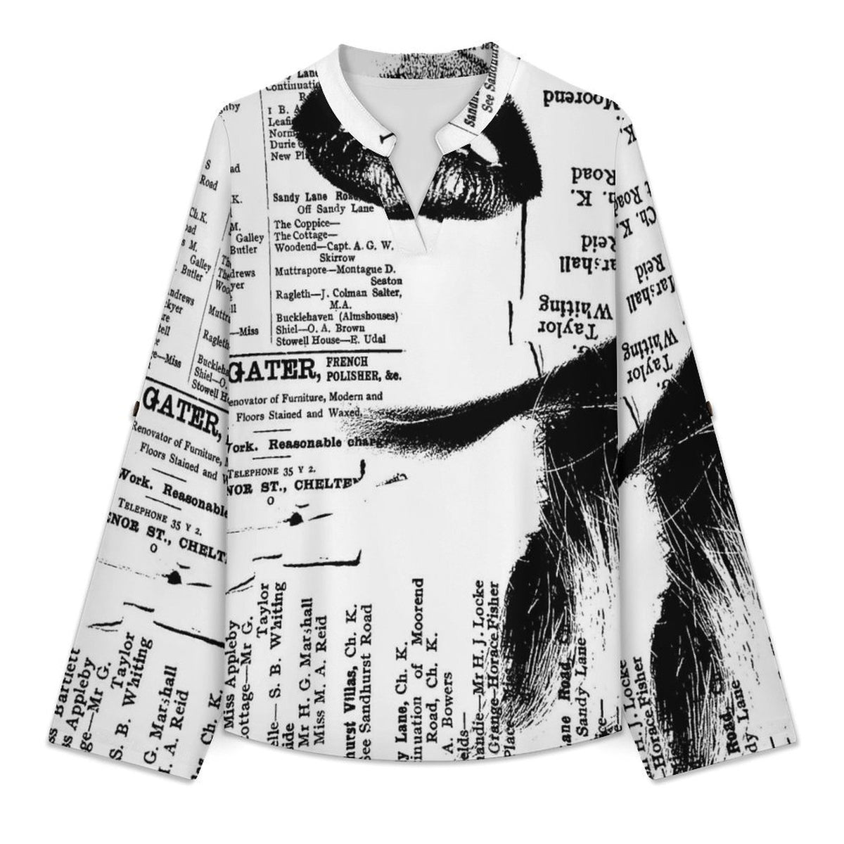 Stand-up Collar Long-sleeved Shirt Newspaper Girl Vintage  Customization Women’s V-Neck Blouses,long Sleeve,Roll-Up Sleeve Shirt