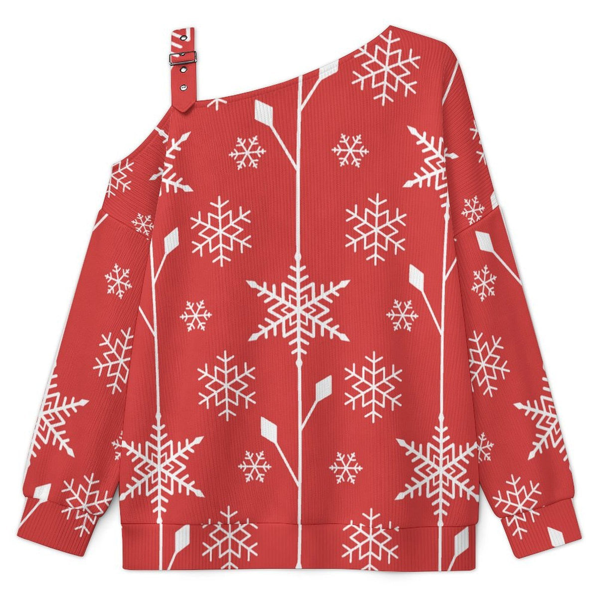 Off-the-shoulder Sweater Snowflake Red Tile Repeat  Asymmetric Cold Shoulder Knit Sweater for Women, Adjustable Buckle Strap Long Sleeve Casual Slouchy Pullover