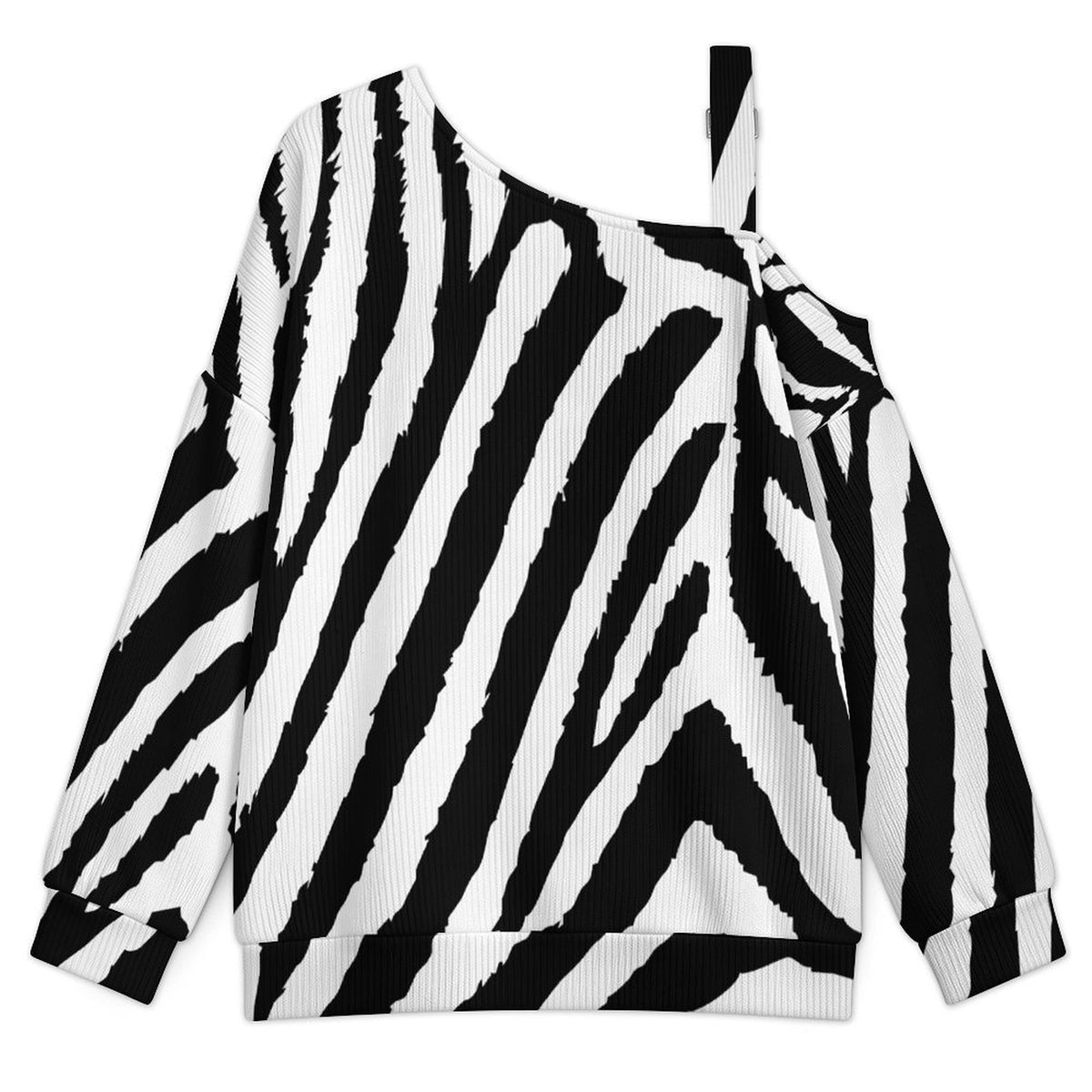 Off-the-shoulder Sweater Zebra Pattern  Asymmetric Cold Shoulder Knit Sweater for Women, Adjustable Buckle Strap Long Sleeve Casual Slouchy Pullover