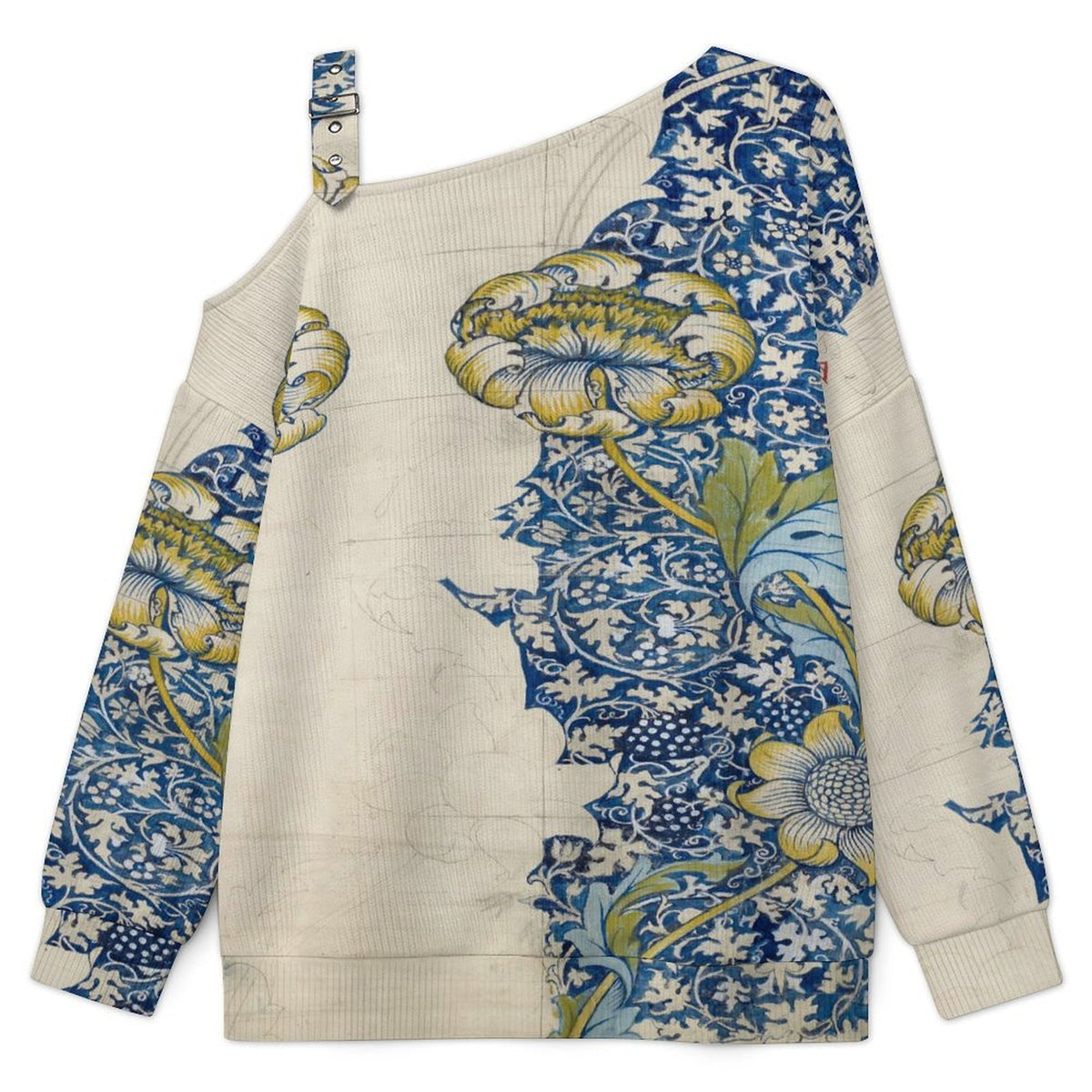 Off-the-shoulder Sweater Watercolor Pattern  Asymmetric Cold Shoulder Knit Sweater for Women, Adjustable Buckle Strap Long Sleeve Casual Slouchy Pullover