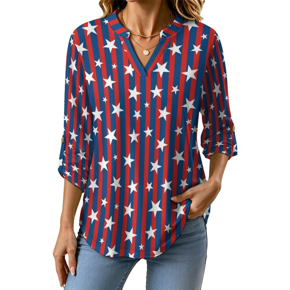 American Flag Roll Tab 3/4 Sleeve Notched V Neck Tunic Blouse