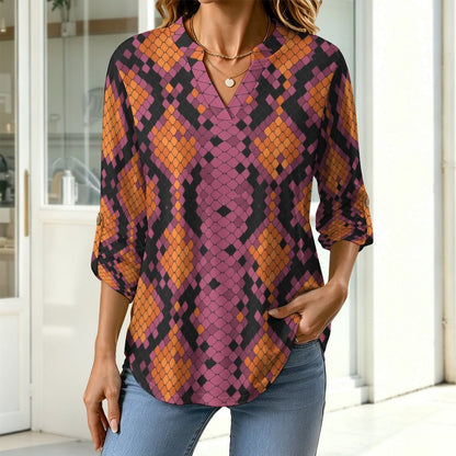 Snakeskin Pattern, Repeating Pattern Roll Tab 3/4 Sleeve Notched V Neck Tunic Blouse