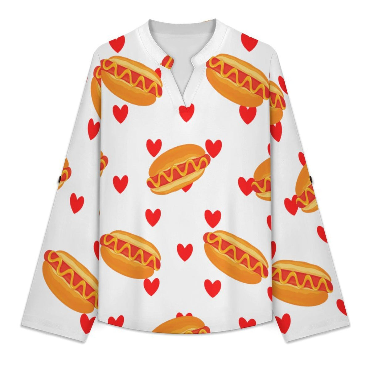 Stand-up Collar Long-sleeved Shirt Hot Dogs, Hearts, Repeat