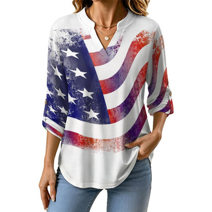 Stand-up Collar Long-sleeved Shirt National Flag, History, War  Customization Women’s V-Neck Blouses,long Sleeve,Roll-Up Sleeve Shirt