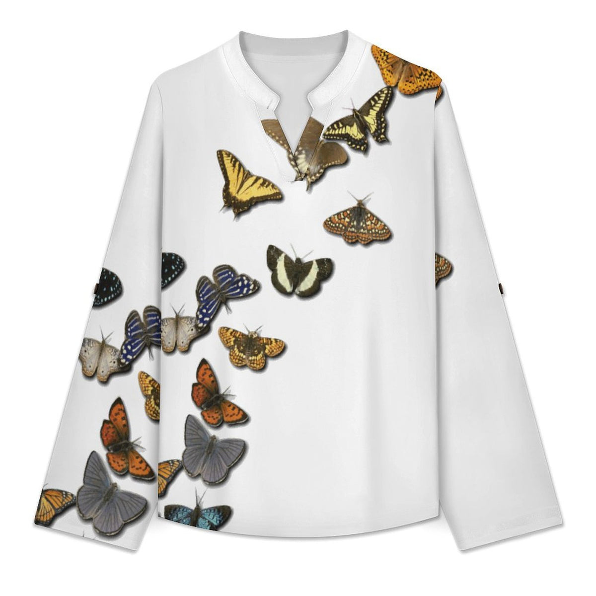 Stand-up Collar Long-sleeved Shirt Colored Butterfly  Customization Women’s V-Neck Blouses,long Sleeve,Roll-Up Sleeve Shirt
