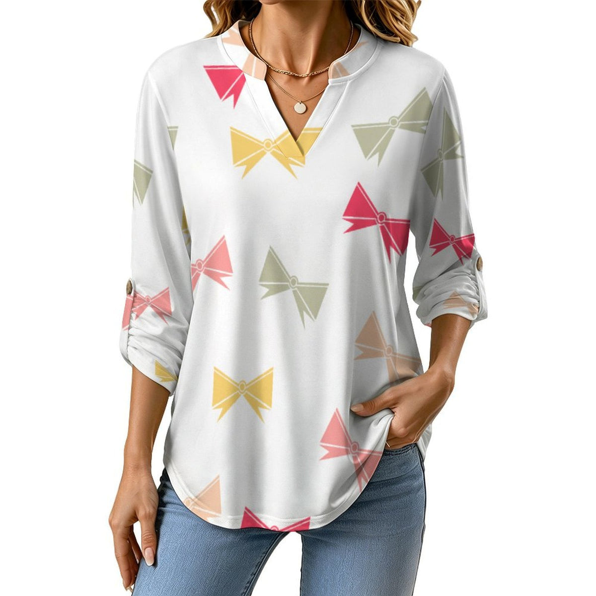 Stand-up Collar Long-sleeved Shirt Colored Bow  Customization Women’s V-Neck Blouses,long Sleeve,Roll-Up Sleeve Shirt