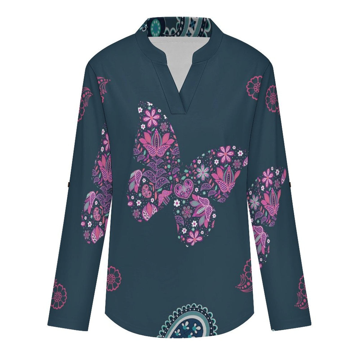 Women's Notched V Neck Tunic Tops, Roll Up 3/4 Sleeve Button Cuff Casual Blouse, Hem Loose Work Shirts  Paisley Texture Butterfly Repeat Tile Texture
