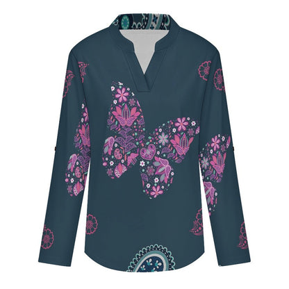 Women's Notched V Neck Tunic Tops, Roll Up 3/4 Sleeve Button Cuff Casual Blouse, Hem Loose Work Shirts  Paisley Texture Butterfly Repeat Tile Texture